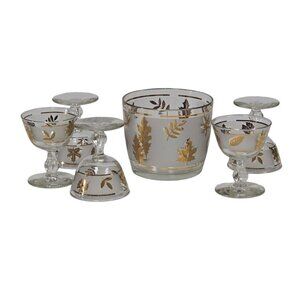 Libbey Golden Foliage 22K Gold Leaf Design Frosted Ice Bucket & Glasses